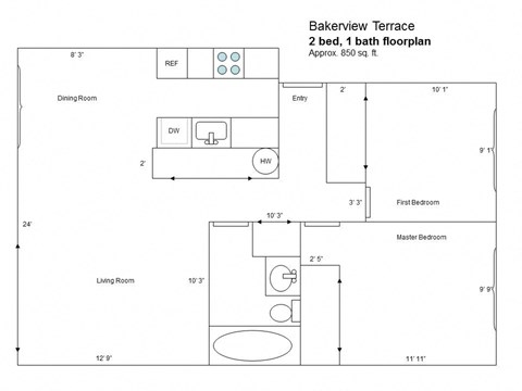 Floor plan for 2 beds, 1 bath, 850 sqft